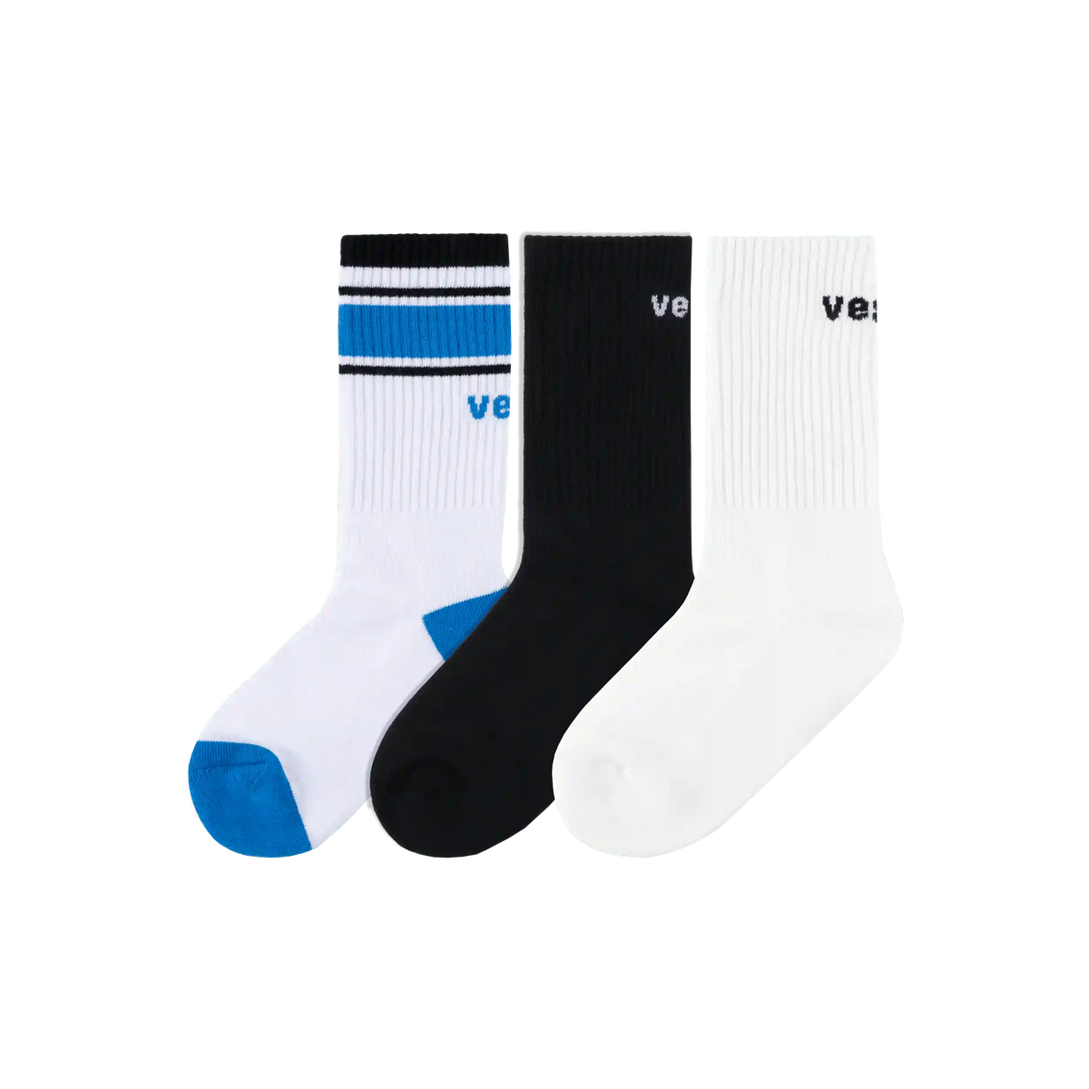 3-Pack Crew Socks - Black/White/Vessi Blue